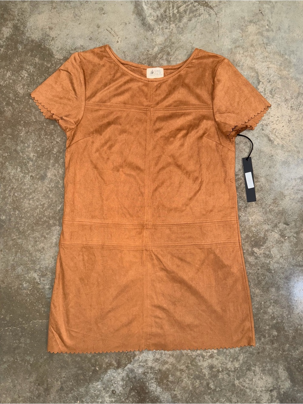 NWT Hyfve Camel Tan Faux Suede Scallop Hem Shift Dress L Fall Family Photos Game